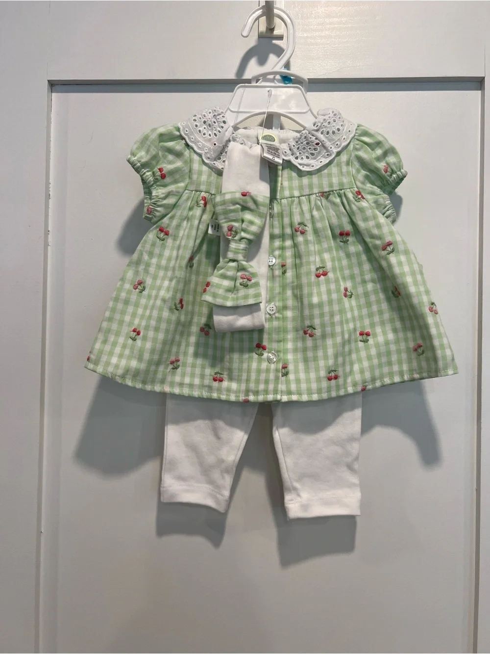 Little Me Green Gingham Cherry Print Top with White Leggings Set & Headband